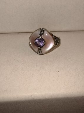 Vintage Art Deco Revival Sterling Silver Shield Ring – Amethyst, Mother of Pearl